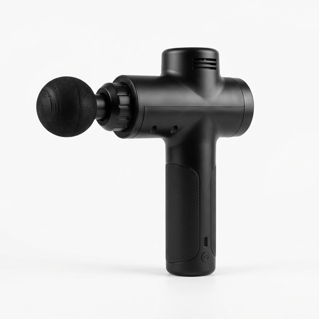 AI-generated matte-black massage gun with a round foam head on a white background.