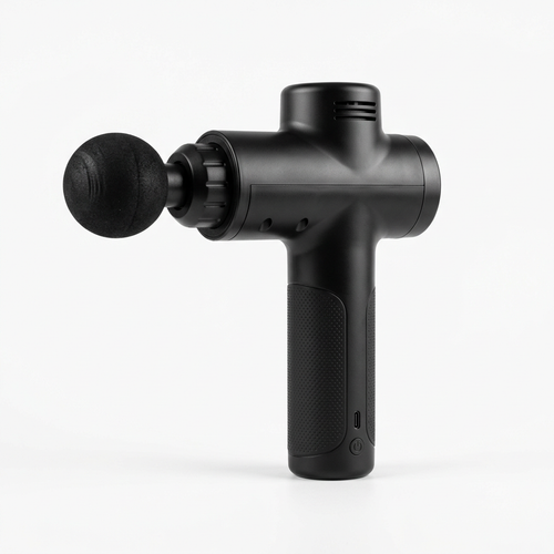 AI-generated matte-black massage gun with a round foam head on a white background.