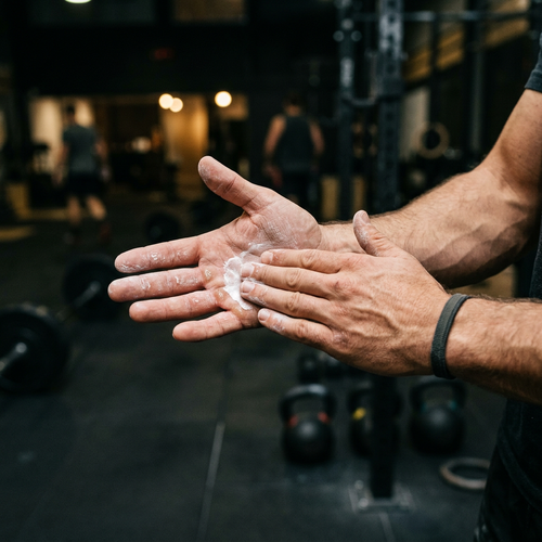 AI-generated illustration of liquid chalk being applied to an athlete’s palms.