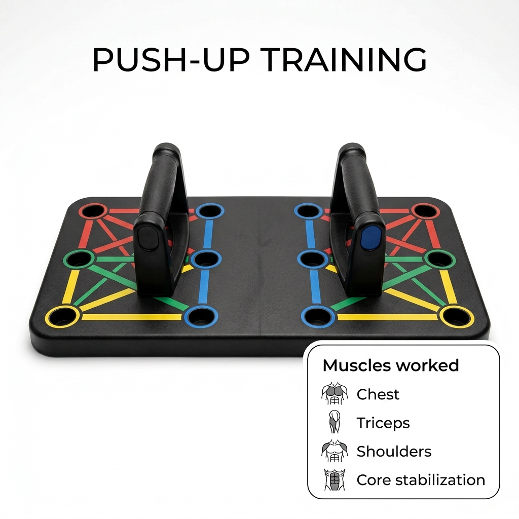 AI-generated push-up board illustration with chest, triceps, shoulders, and core stabilization labels.