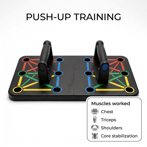 AI-generated push-up board illustration with chest, triceps, shoulders, and core stabilization labels.