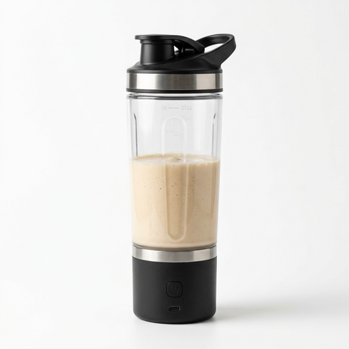 AI-generated electric protein shake mixer with a clear cup and black base on a white background.